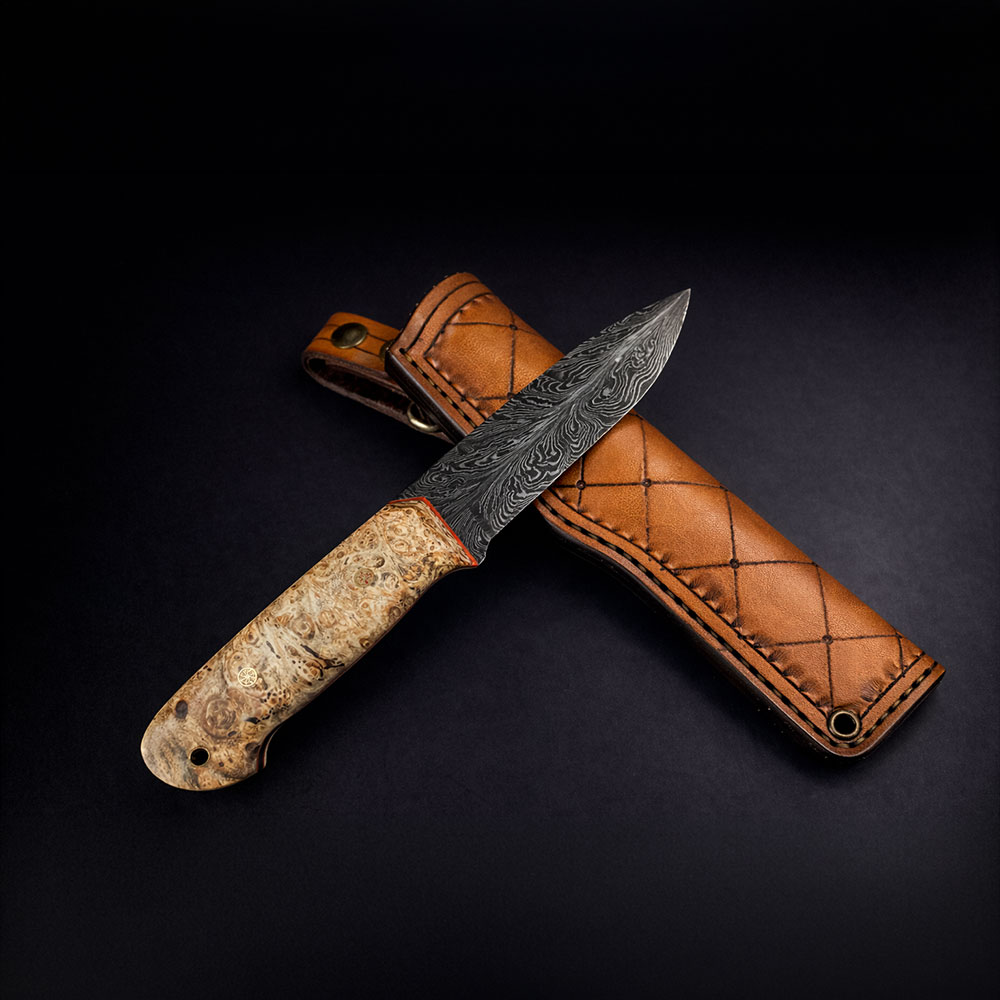 Kuştüyü Damascus Bushcraft – Stabilize Ambonya G10 Liner, El Yapımı