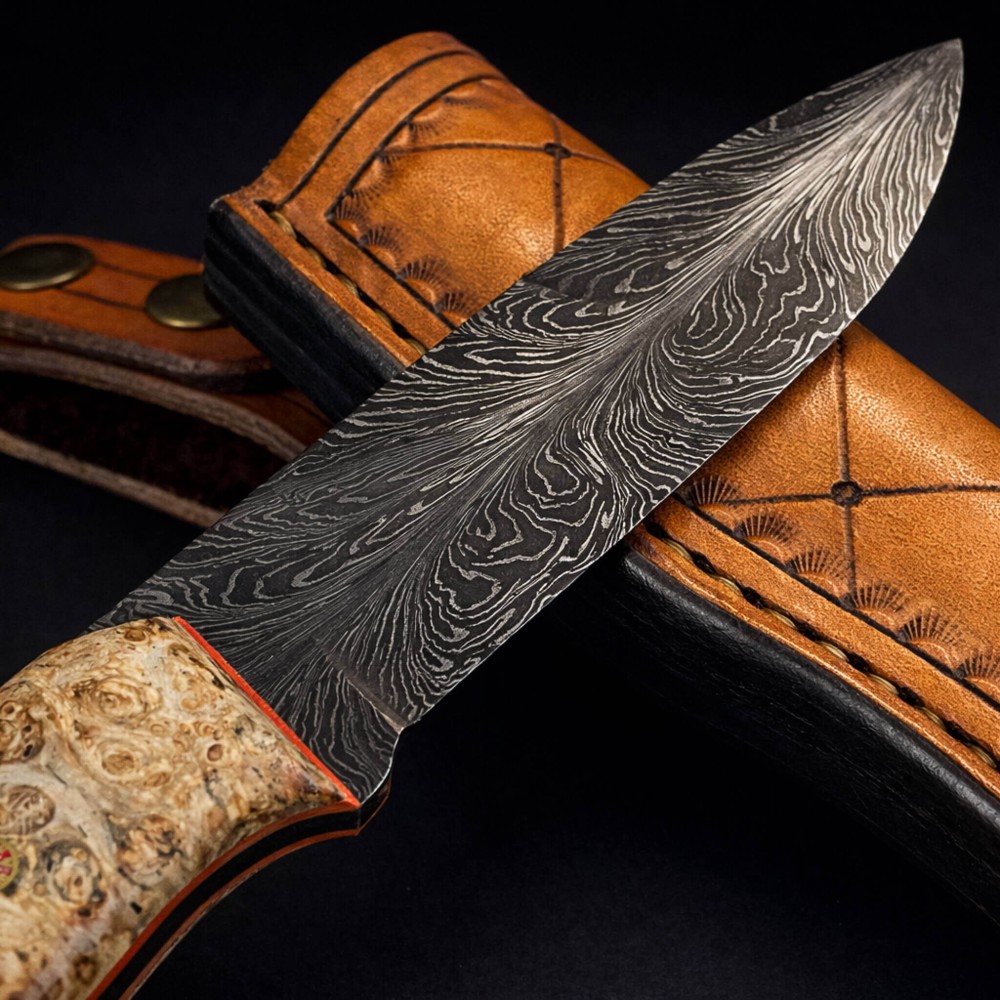 Kuştüyü Damascus Bushcraft – Stabilize Ambonya G10 Liner, El Yapımı