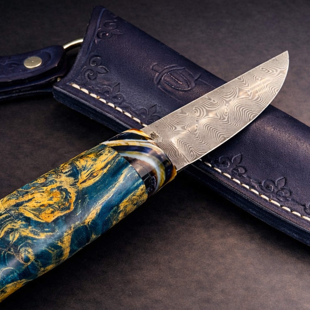 Kök Ambonya ve Mamut Kombinasyon Saplı Puukko Bıçak – Paslanmaz Damascus Çelik, El Yapımı