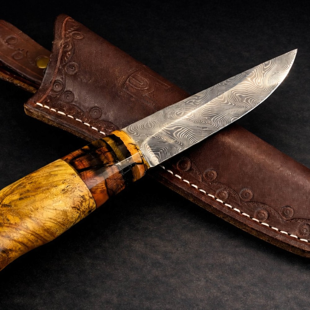 Kök Ambonya ve Mamut Kombinasyon Saplı Puukko Bıçak – Paslanmaz Damascus Çelik, El Yapımı