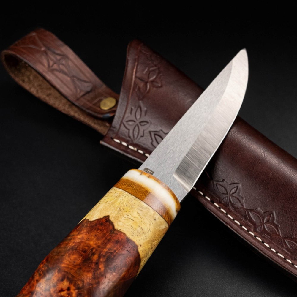 Çift Renk Ambonya ve Mamut Kombinasyon Saplı Puukko Bıçak – Paslanmaz Damascus Çelik, El Yapımı
