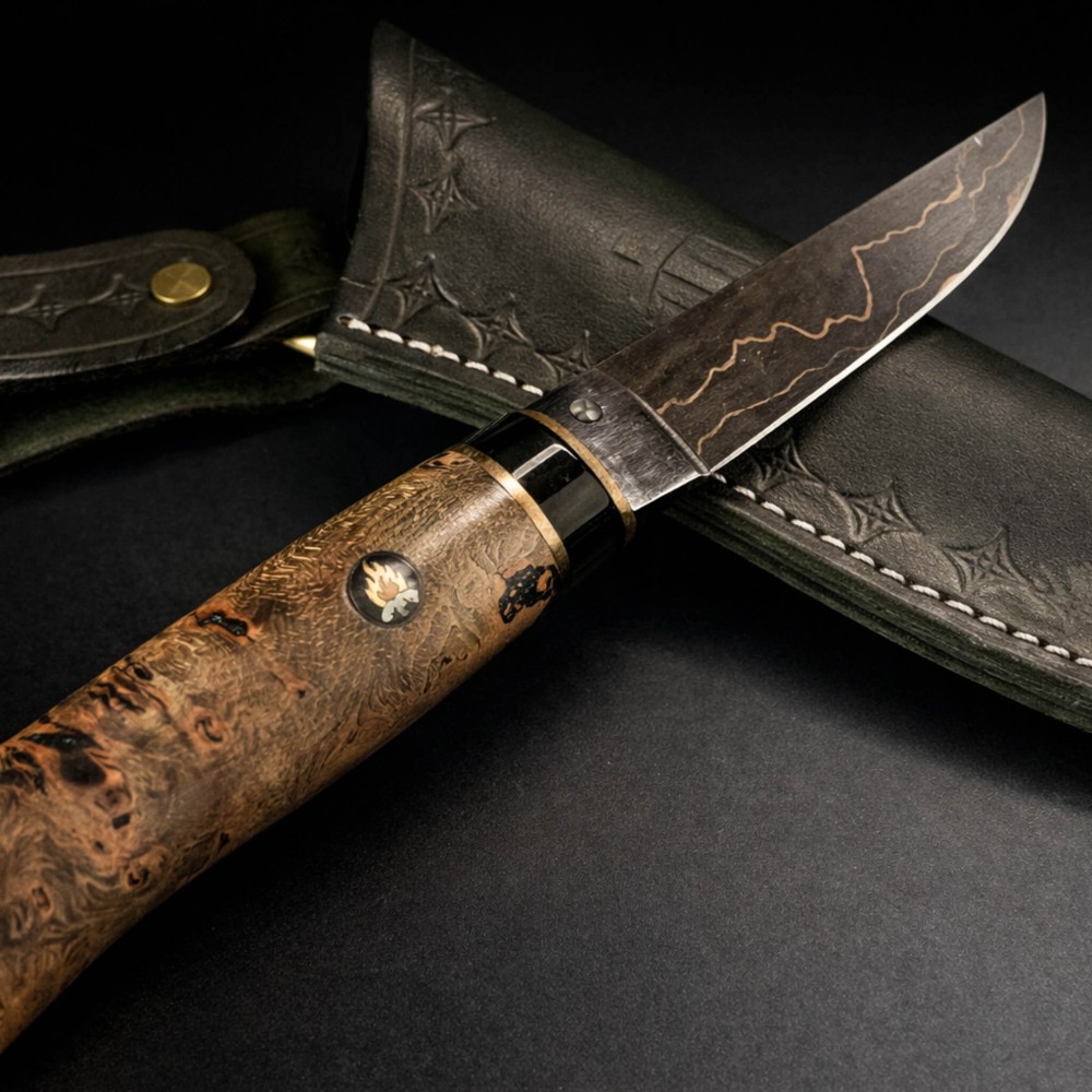 Egzotik Ahşap ve Manda Boynuzu Kombinasyon Saplı Puukko – Bakır Sanmai Çelik, El Yapımı