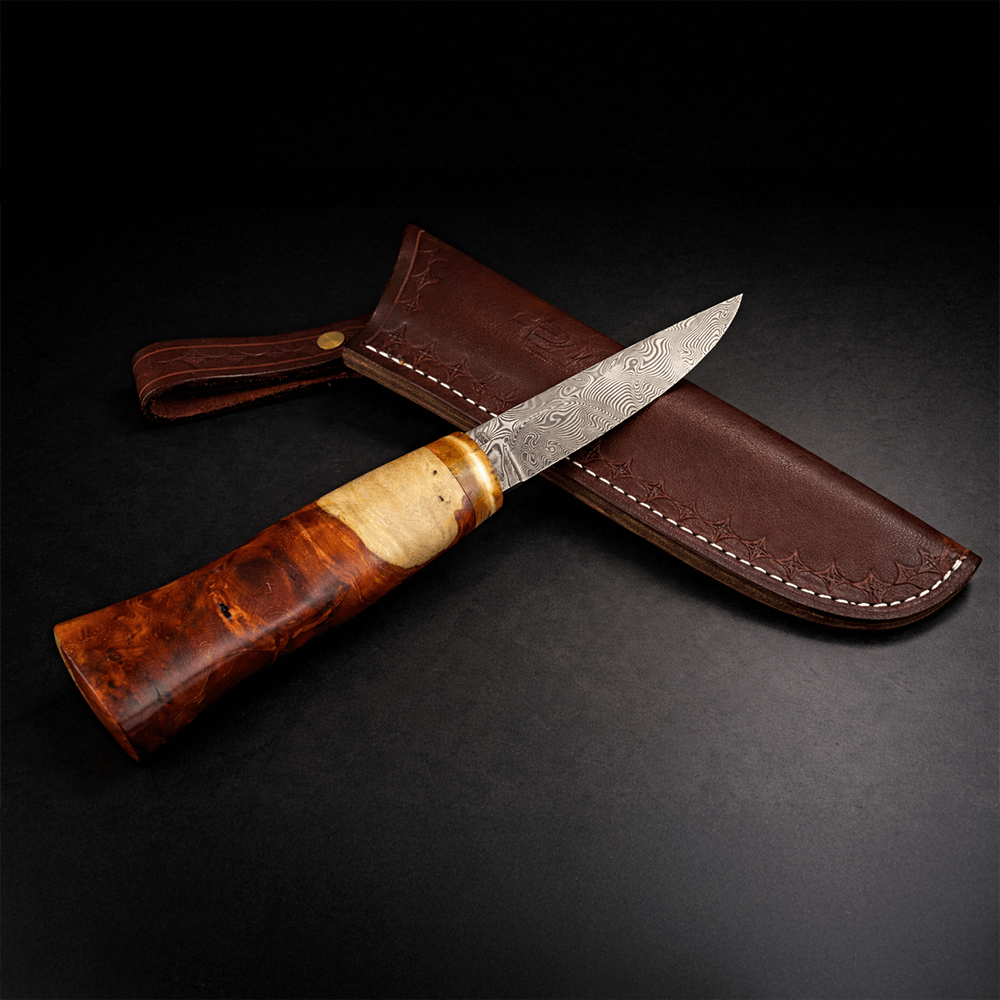 Çift Renk Ambonya ve Mamut Kombinasyon Saplı Puukko – Paslanmaz Damascus Çelik, El Yapımı