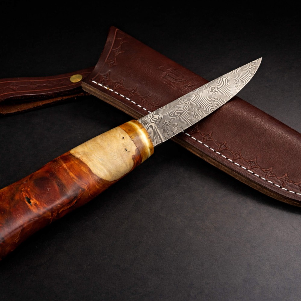 Çift Renk Ambonya ve Mamut Kombinasyon Saplı Puukko – Paslanmaz Damascus Çelik, El Yapımı