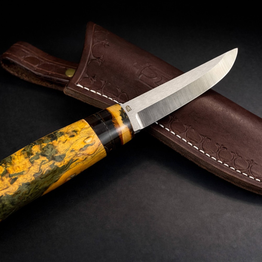 Çift Renk Korelian Huş ve Mamut Kombinasyon Saplı Puukko Bıçak – Böhler M398 Çelik, El Yapımı