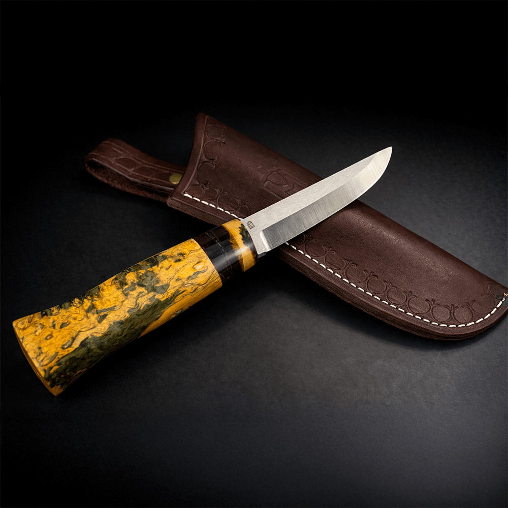 Çift Renk Korelian Huş ve Mamut Kombinasyon Saplı Puukko Bıçak – Böhler M398 Çelik, El Yapımı