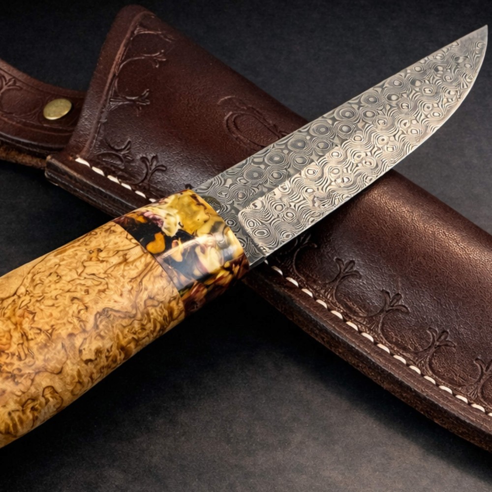 Korelian Huş ve Mamut Kombinasyon Saplı Puukko Bıçak – Paslanmaz Damascus Çelik, El Yapımı